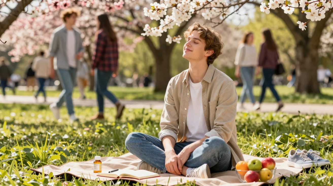 Jovem sentado num parque florido, desfrutando do sol com livros e frutas ao seu lado.