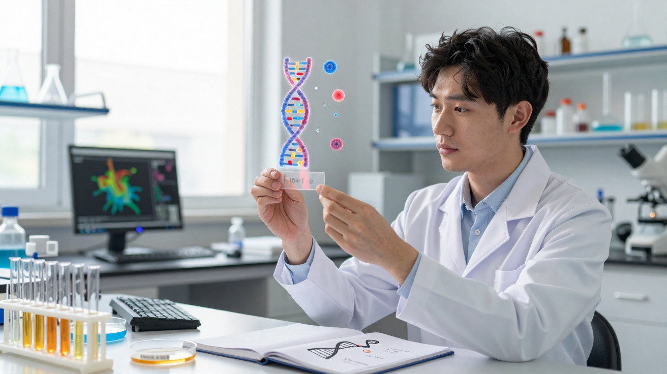 Cientista em laboratório a analisar modelo digital de DNA em ambiente de pesquisa científica moderna.