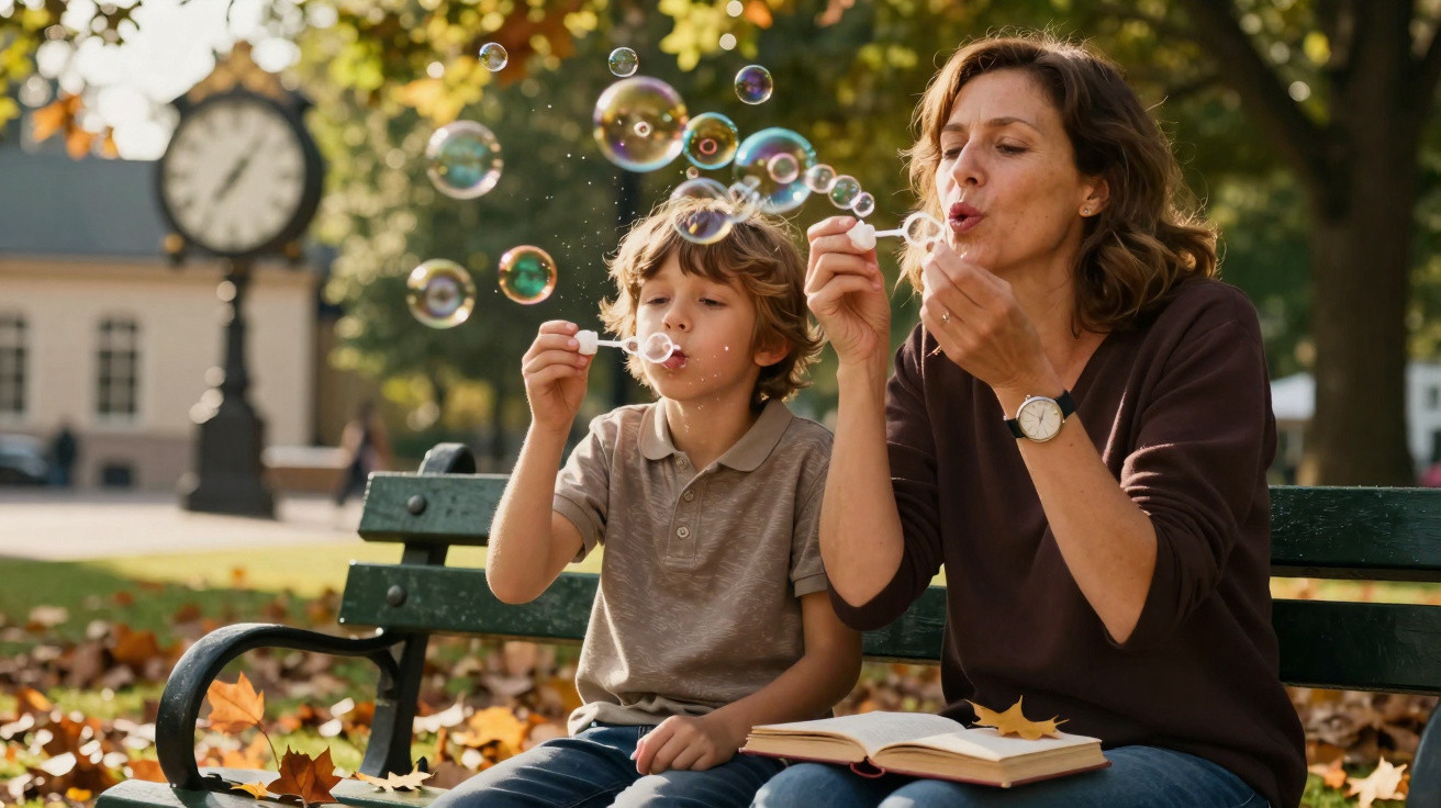 Mãe e filho sentados num banco a soprar bolhas de sabão num parque com folhas de outono.