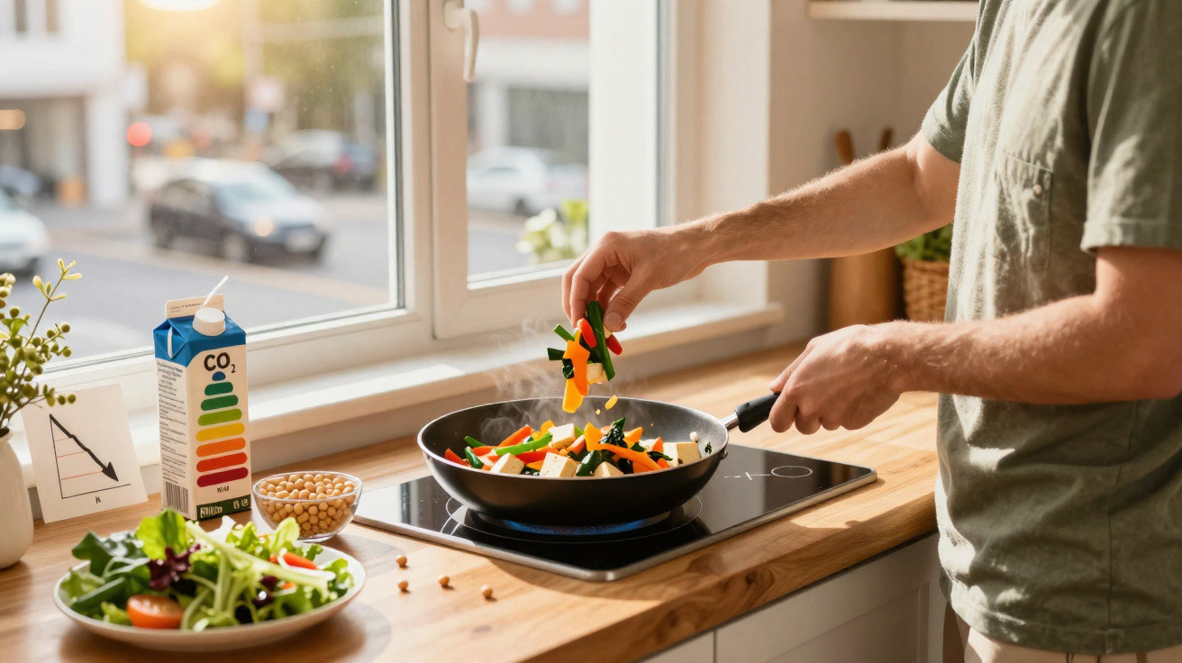 Pessoa a cozinhar legumes numa frigideira numa cozinha com luz natural junto a uma janela.