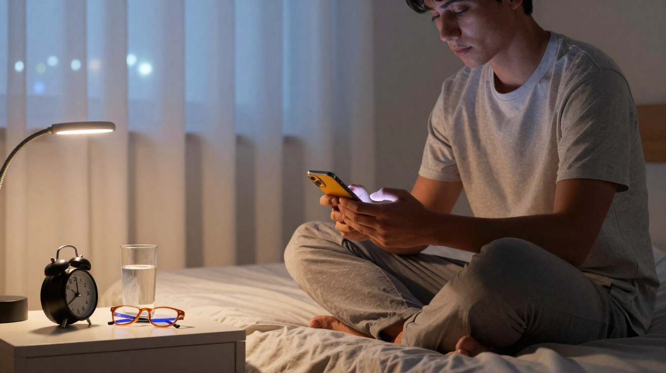 Jovem sentado na cama à noite a usar telemóvel, com abajur, relógio, copo de água e óculos na mesa ao lado.