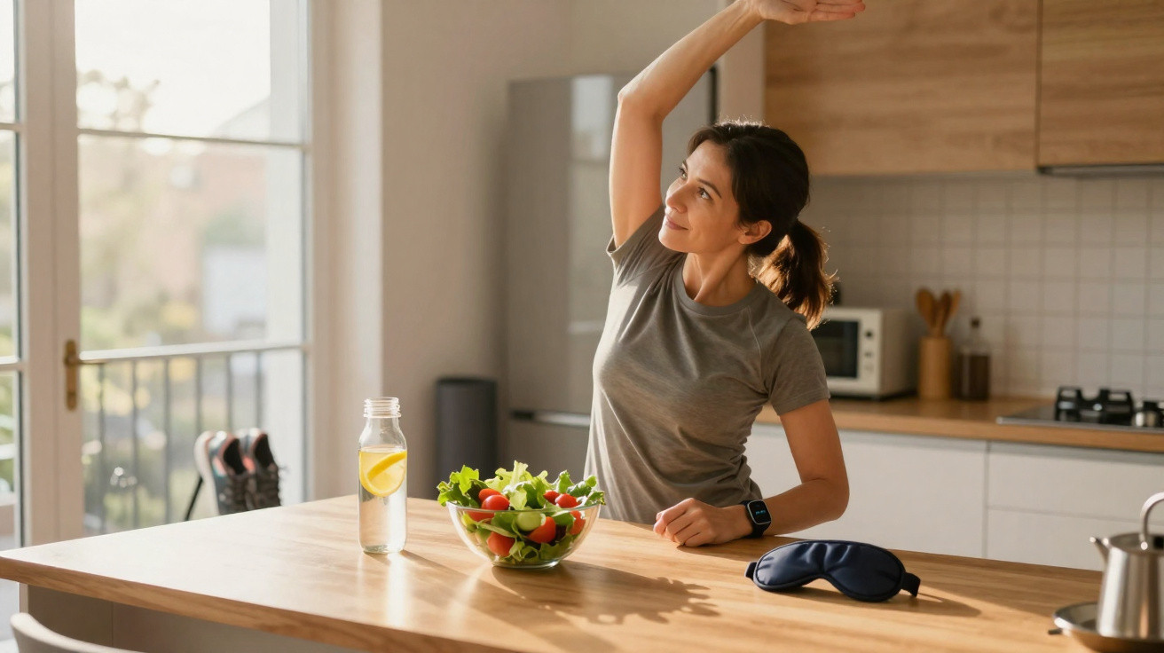 Mulher alonga-se na cozinha ao lado de uma salada, garrafa de água com limão e máscara de dormir.