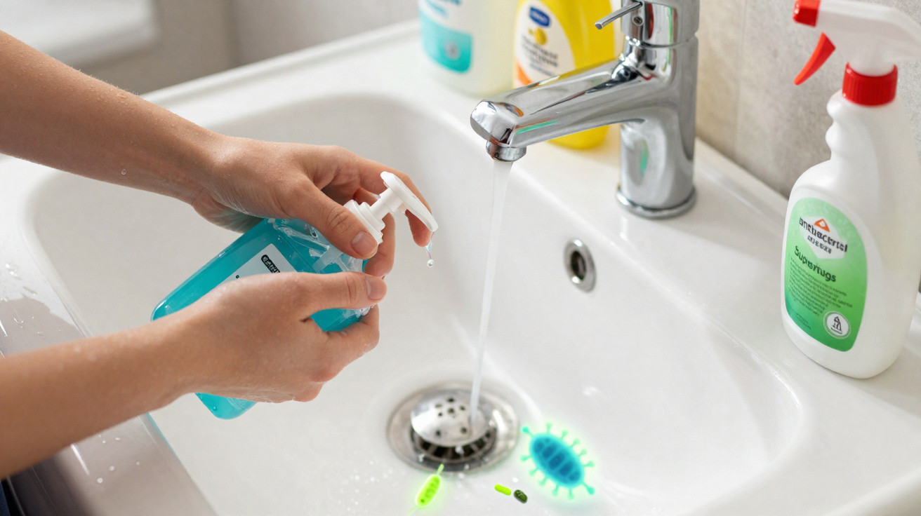 Pessoa a usar álcool gel junto a uma torneira com água a correr numa casa de banho.