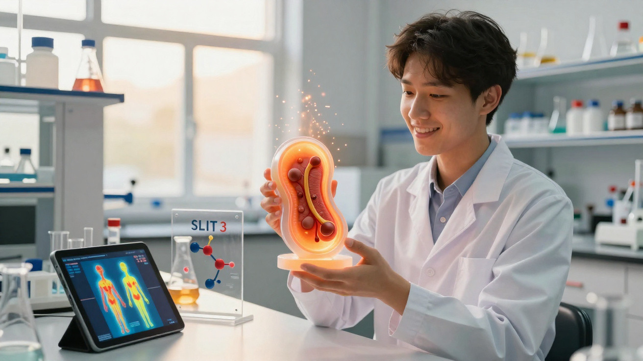 Cientista em laboratório a observar modelo 3D iluminado de célula com tablet mostrando imagens térmicas humanas.