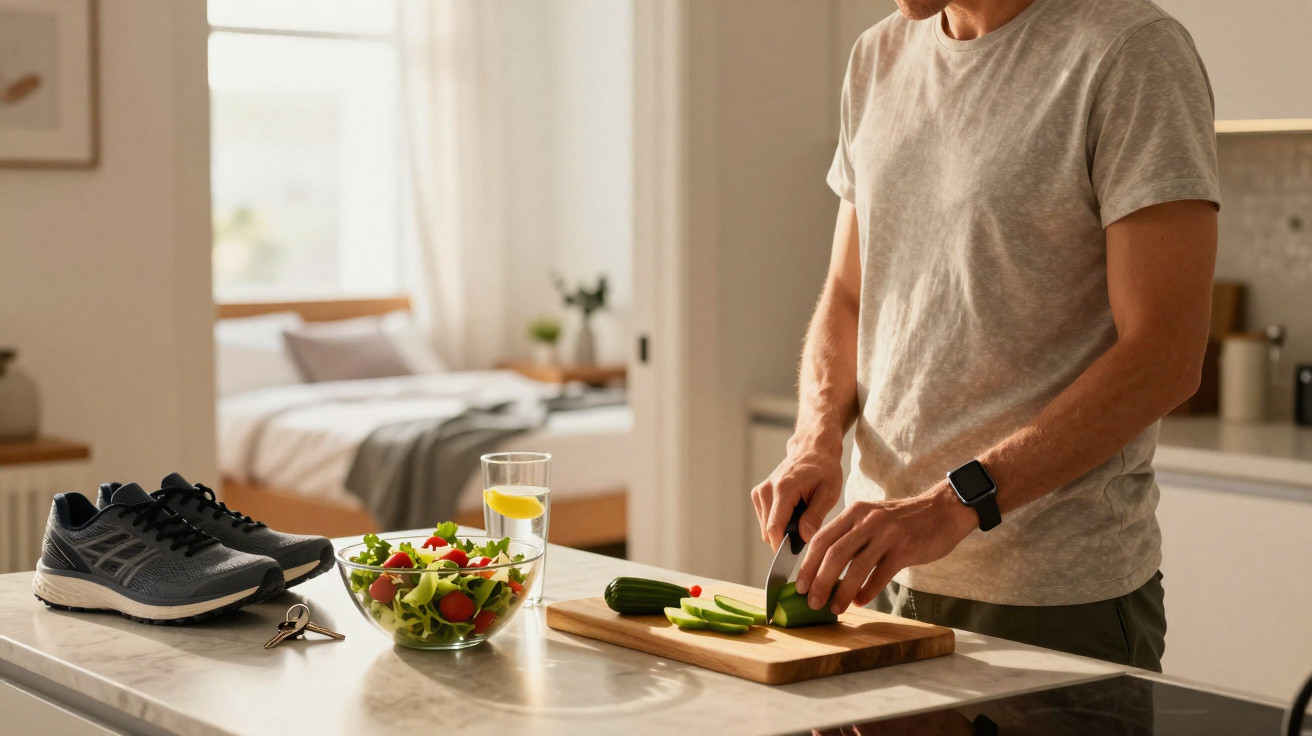 Homem a cortar pepino numa tábua de cozinha com salada, copo com água e ténis no balcão.