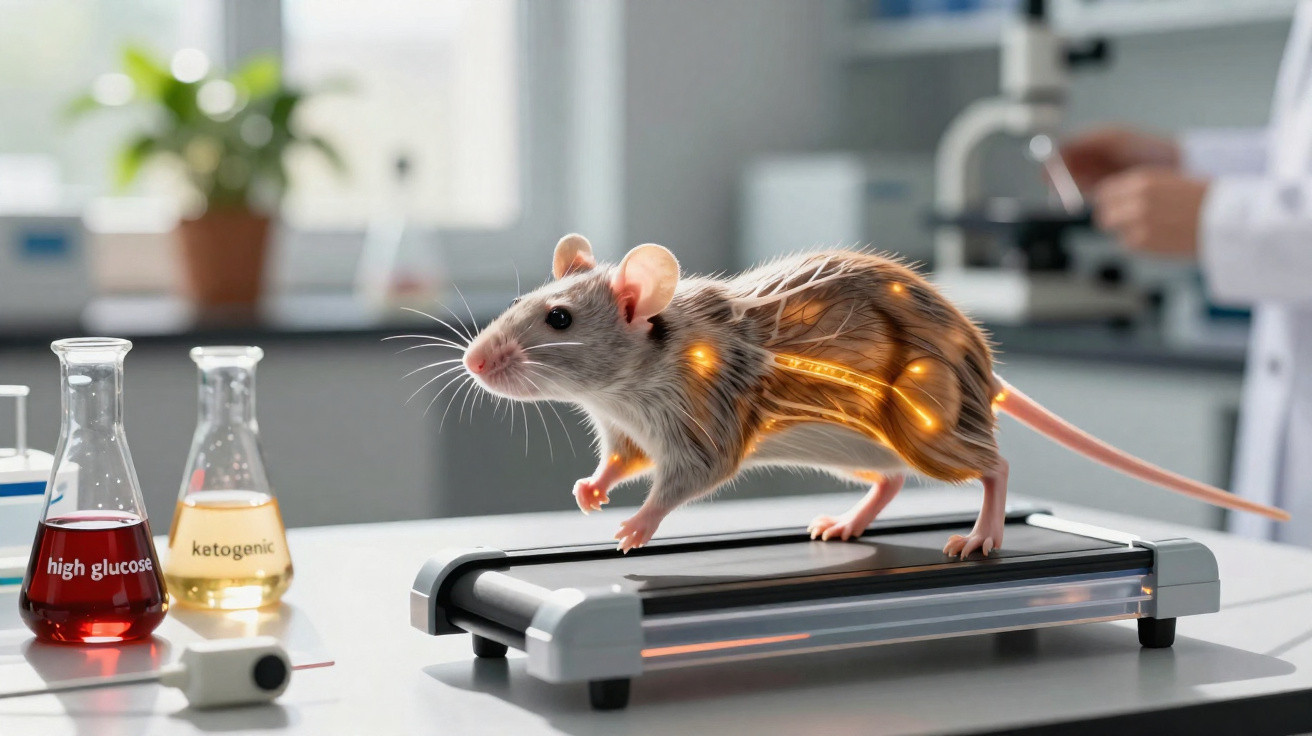 Rato a caminhar numa passadeira numa bancada de laboratório com destaque para sistema nervoso iluminado.