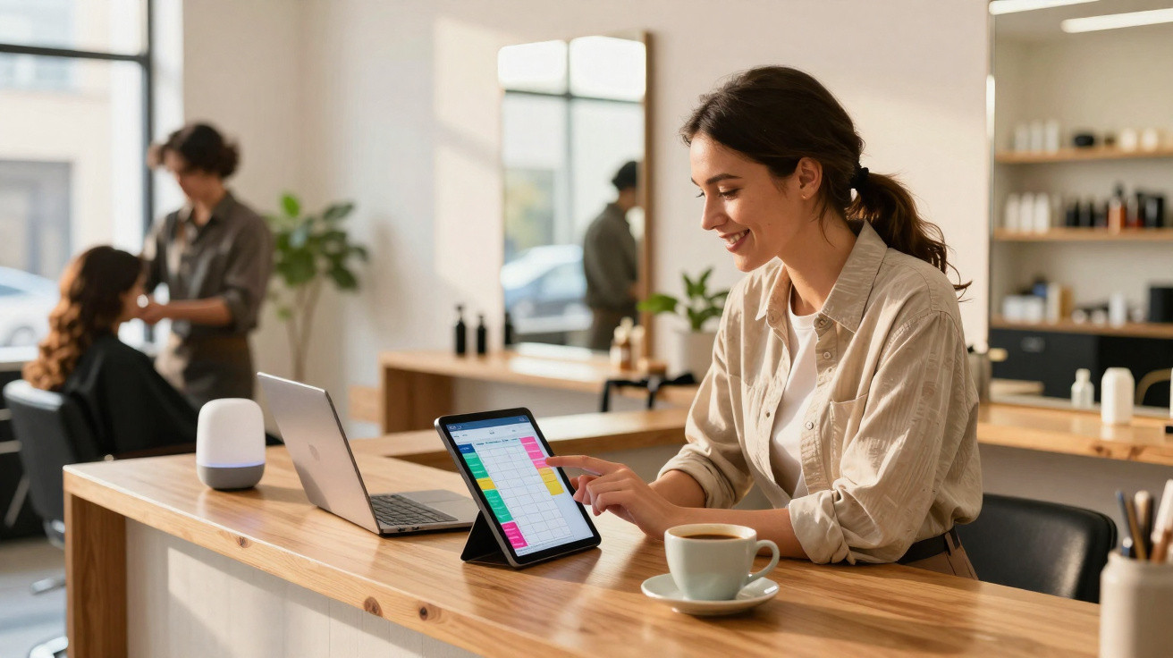 Mulher sentada no balcão de salão de beleza, a consultar calendário num tablet, com chá ao lado.