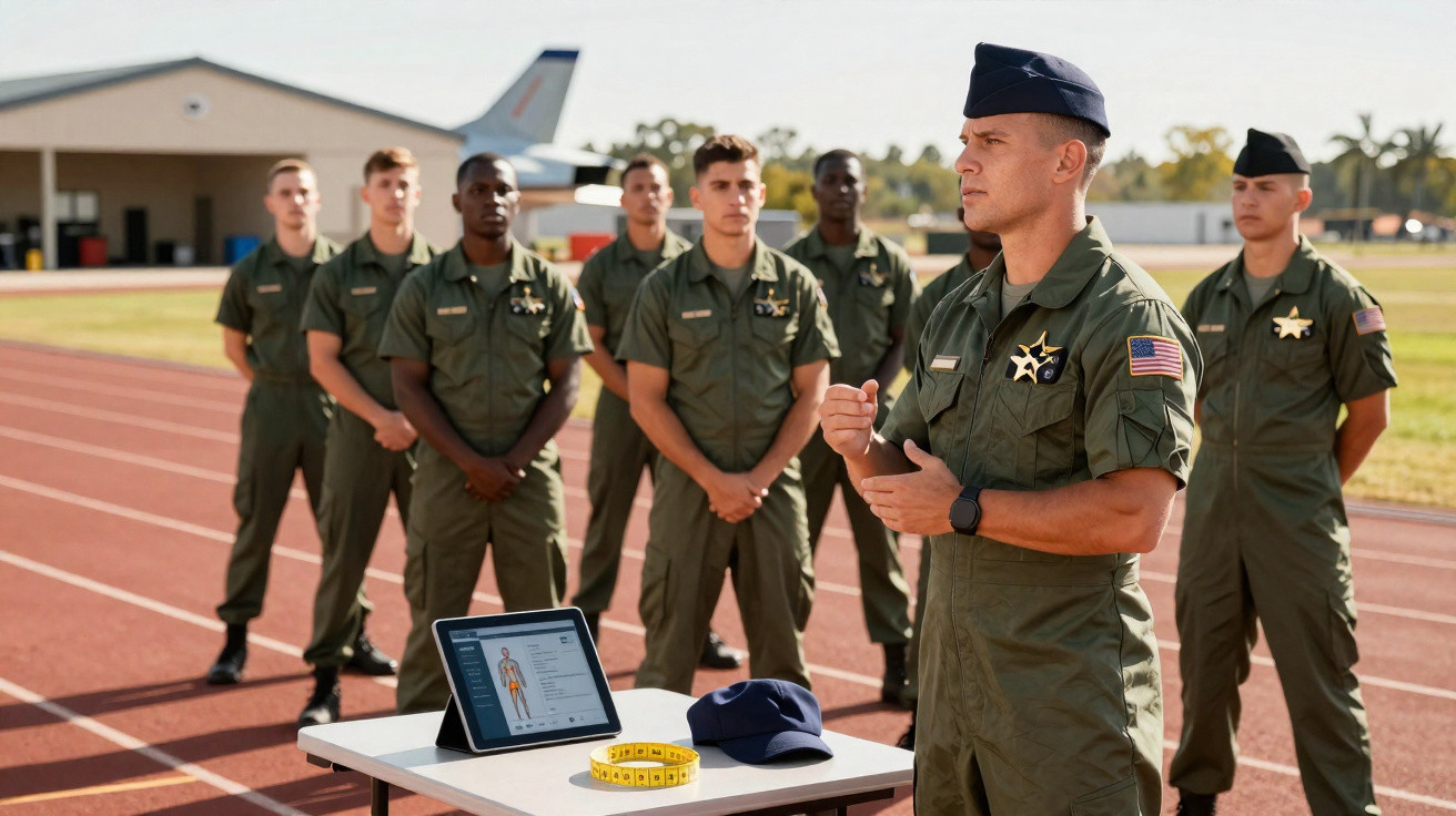 Militares em uniformes verdes reunidos em pista de atletismo com uma mesa e tablet ao lado.