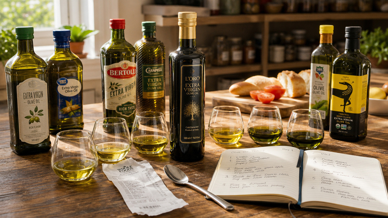 Set de garrafas de azeite extra virgem com copos de prova, caderno aberto e pão numa mesa de madeira.