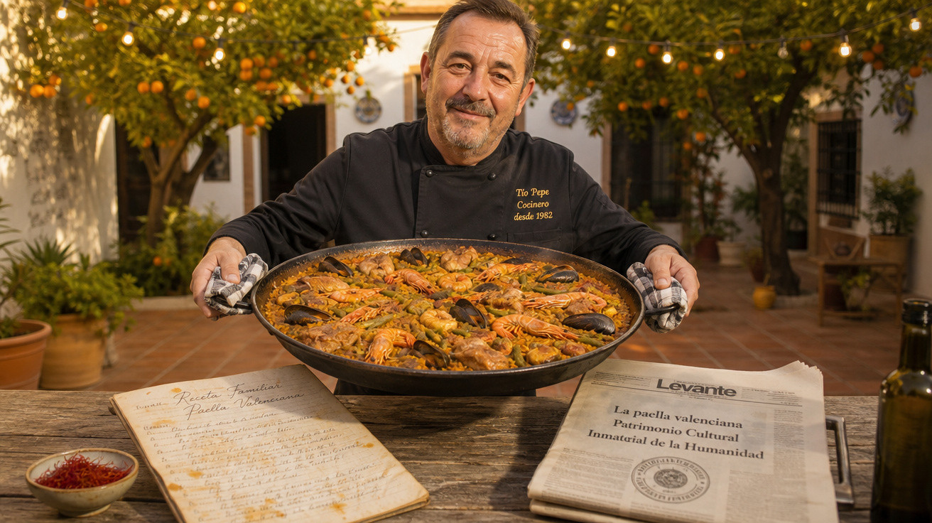Homem com uniforme de chef segura paelha valenciana num pátio com laranjeiras ao fundo.