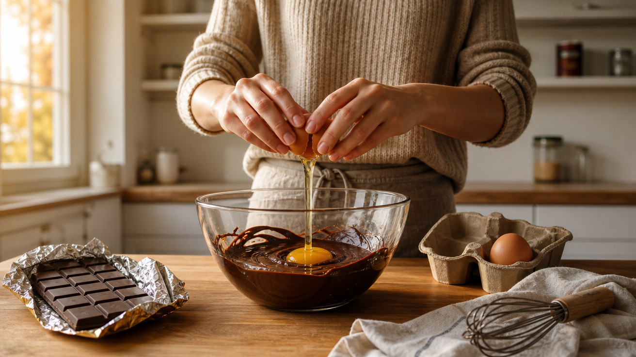 Pessoa a partir um ovo numa tigela com mistura de chocolate numa cozinha bem iluminada.