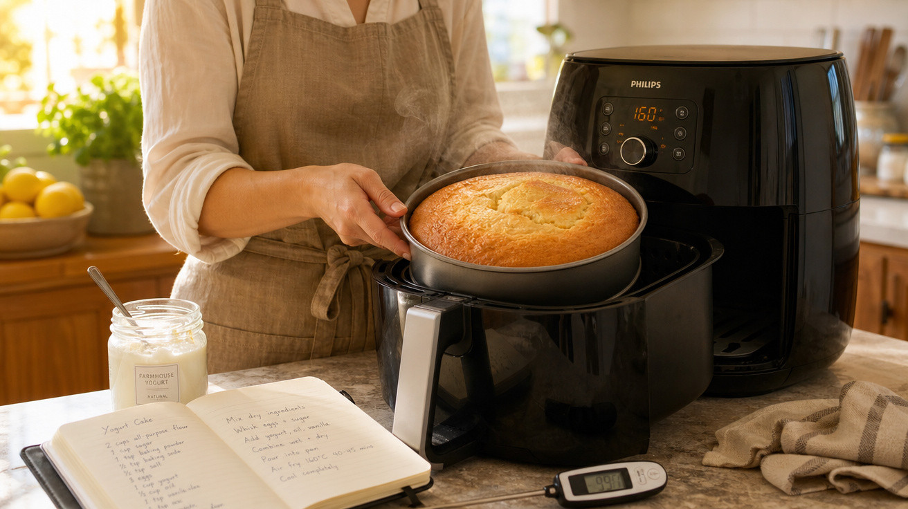 Pessoa a retirar bolo recém-cozido de frigideira numa fritadeira elétrica numa cozinha iluminada.