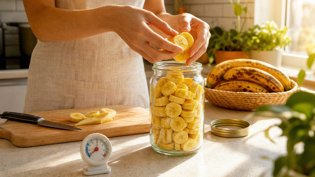 Mãos a colocar rodelas de banana cortadas num frasco de vidro numa cozinha com luz natural.