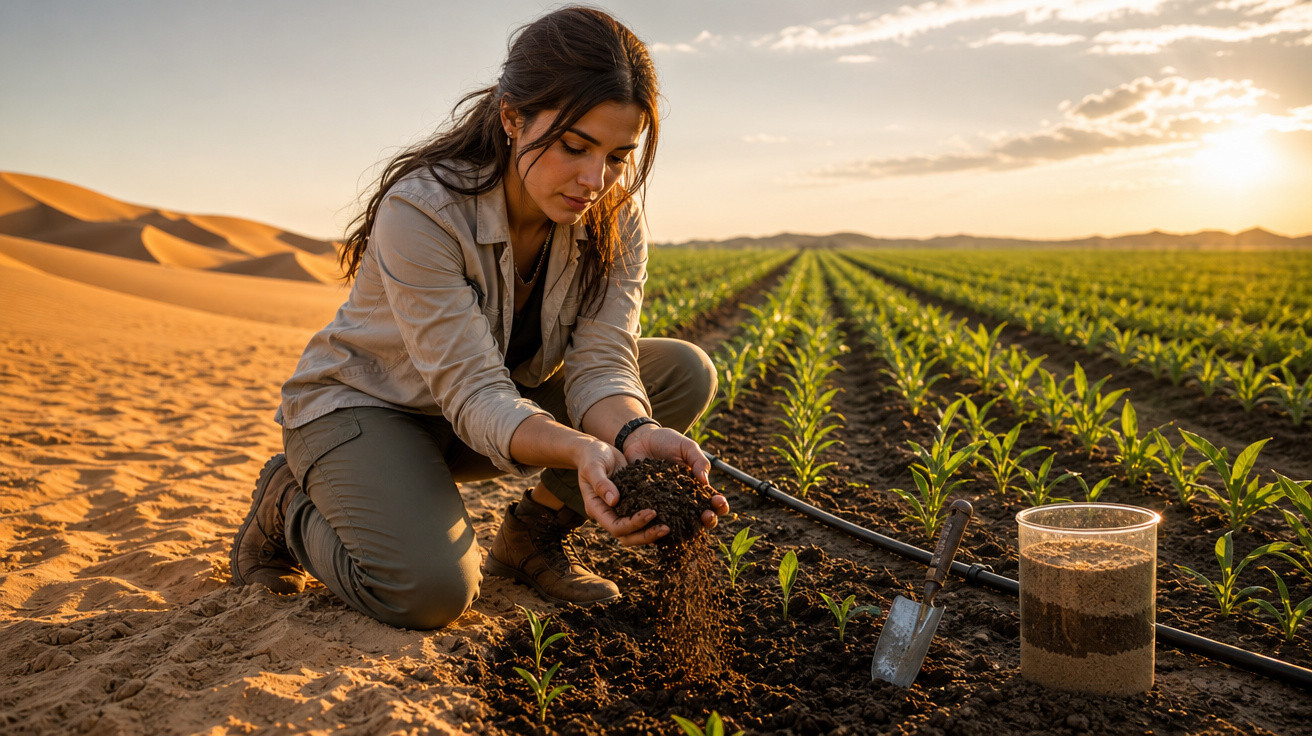 Mulher examina terra fértil num campo irrigado junto ao deserto ao pôr do sol.