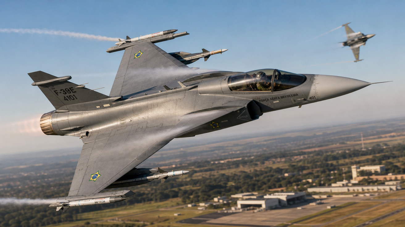 Caça F-39E da Força Aérea Brasileira em voo baixo com paisagem urbana ao fundo.