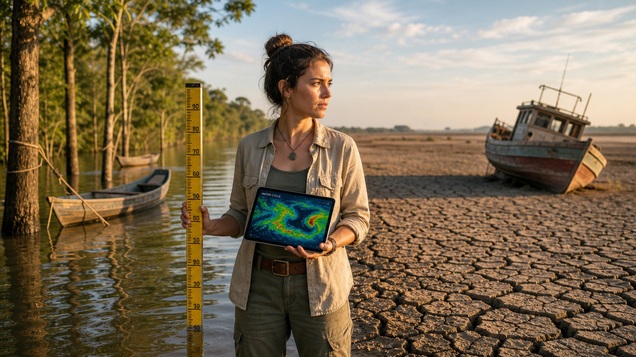 Mulher com régua na água seca, segurando tablet com imagem de tempestade, barco encalhado no fundo.