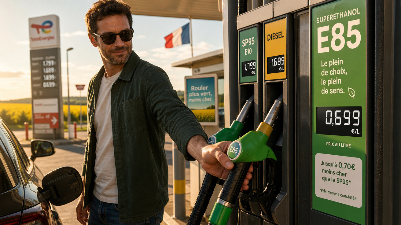 Homem de óculos escuros a abastecer carro com combustível E85 numa bomba de gasolina em França.
