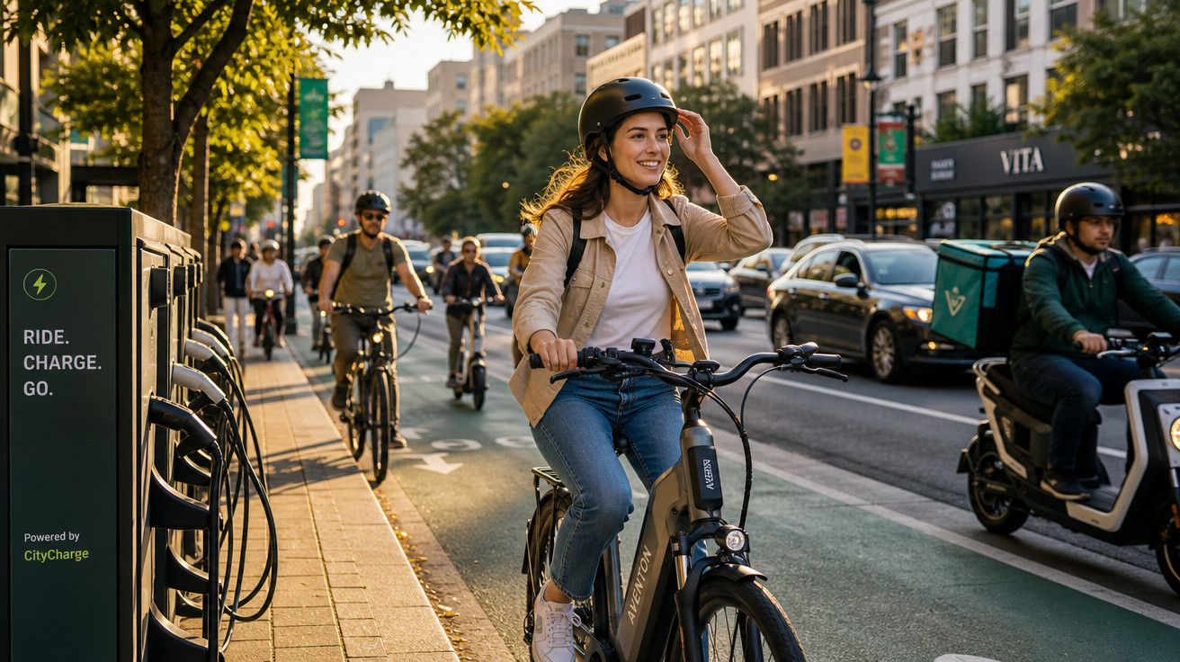 Mulher sorridente de capacete a andar de bicicleta elétrica numa ciclovia urbana movimentada.