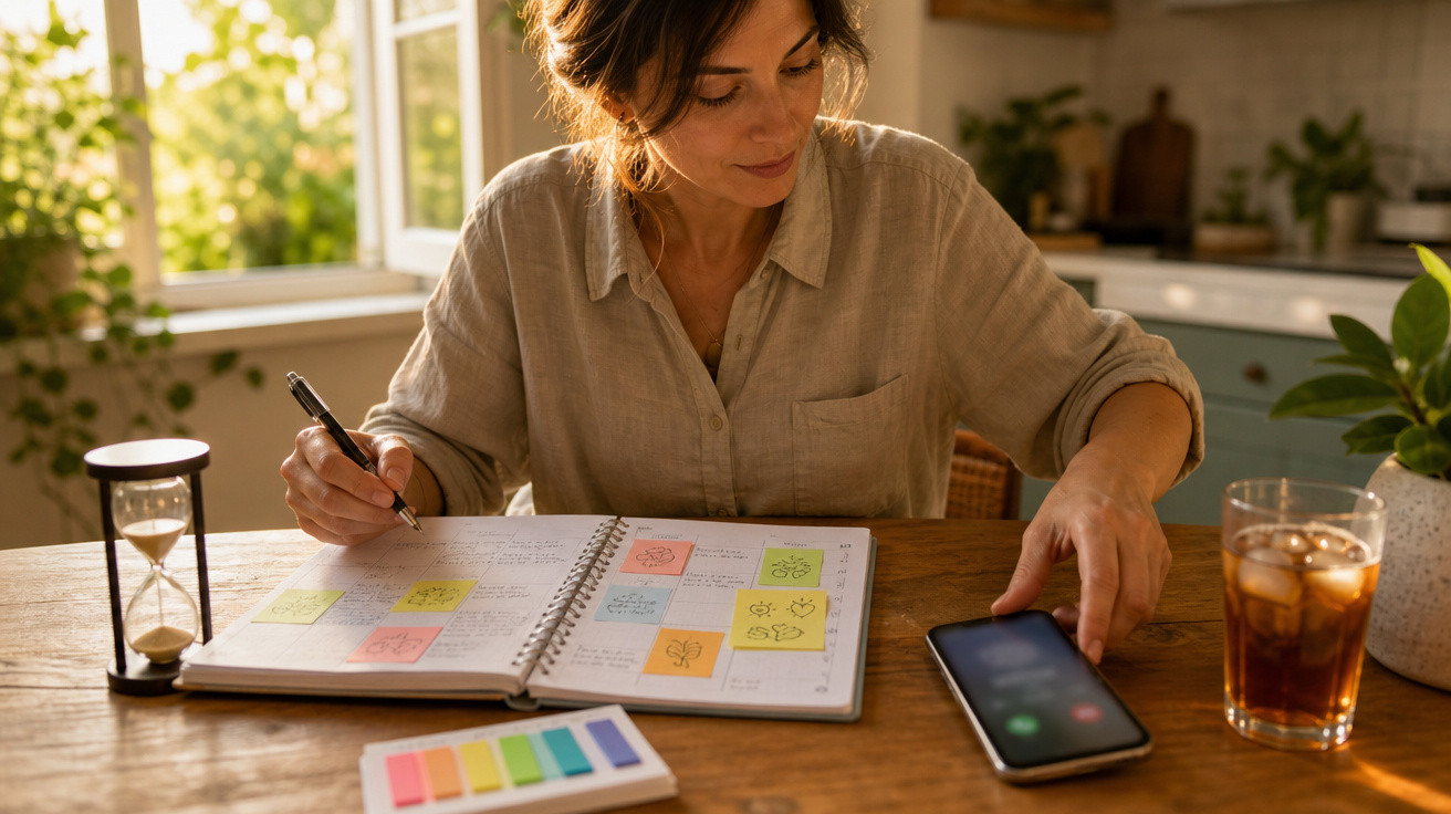 Mulher a fazer anotações numa agenda com post-its, usando telemóvel e um copo de bebida ao lado.