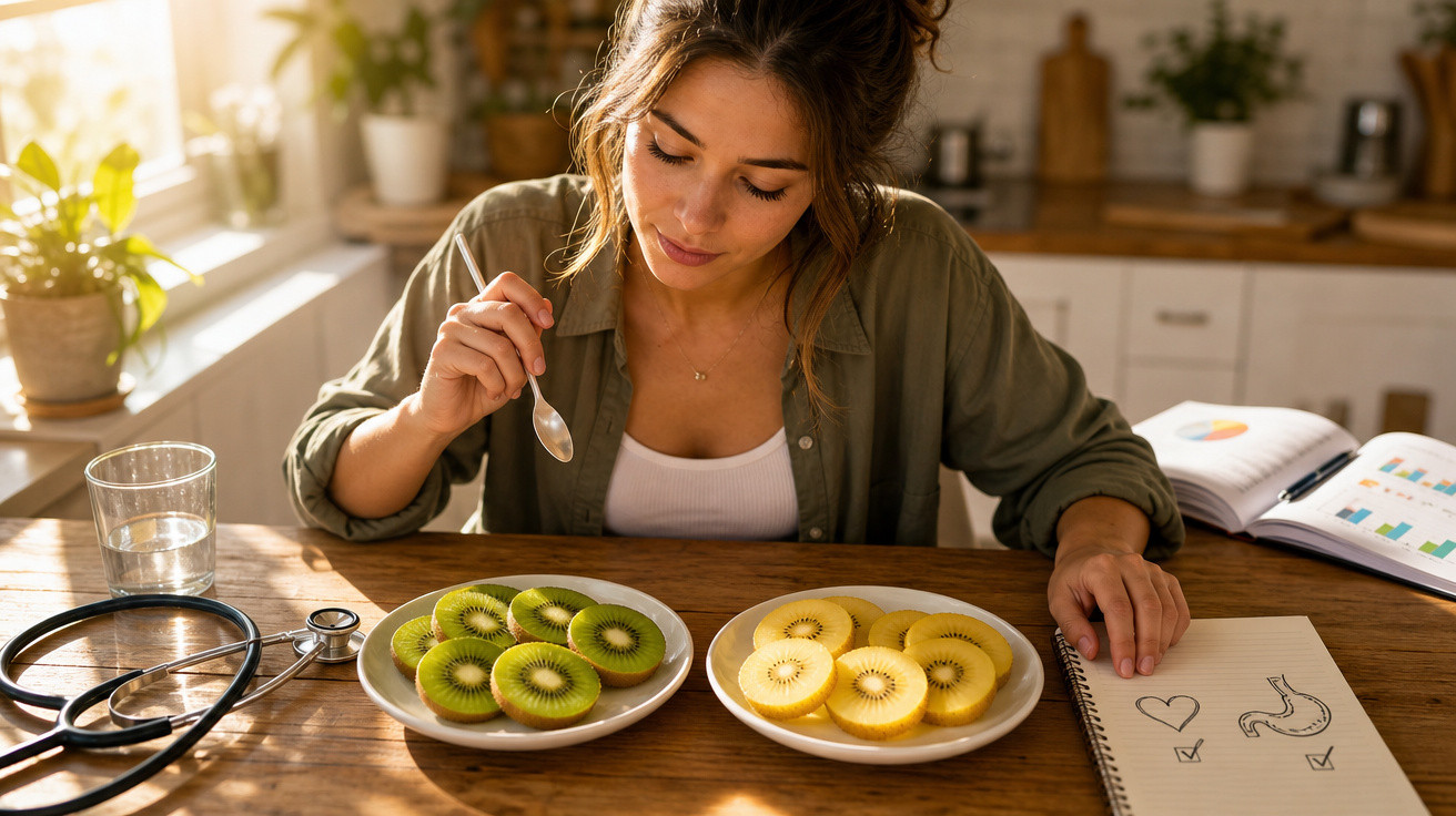 Mulher sentada à mesa com kiwi verde e amarelo, caderno com desenhos e estetoscópio numa cozinha iluminada.