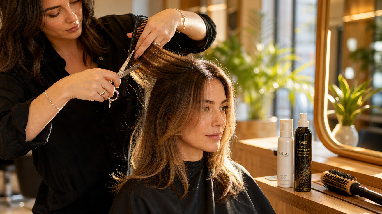 Cabeleireira a cortar o cabelo de uma cliente num salão moderno com espelho e produtos de cabelo.