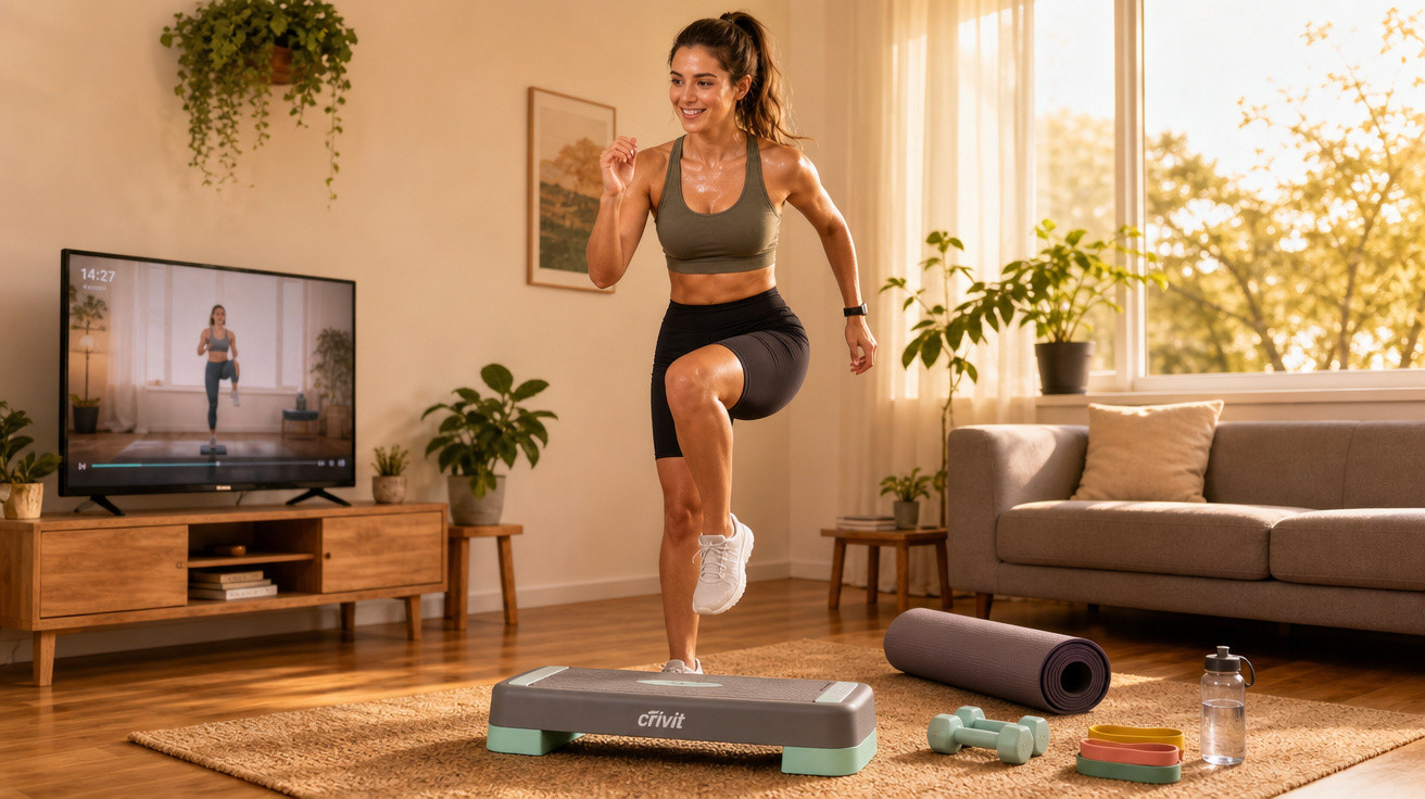 Mulher a exercitar-se em casa com step, seguindo aula de fitness no televisor na sala iluminada.