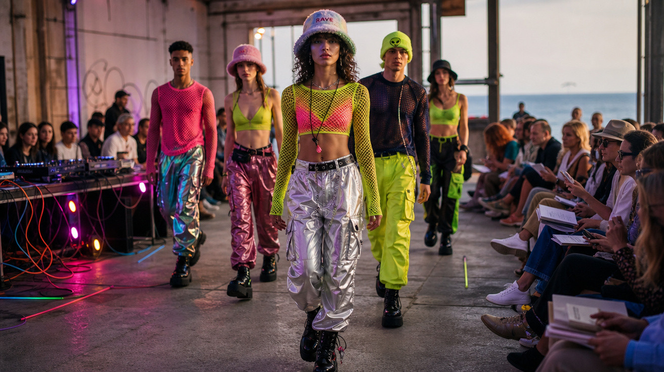 Modelos com roupa colorida e futurista desfilam numa passerelle industrial perante público atento.