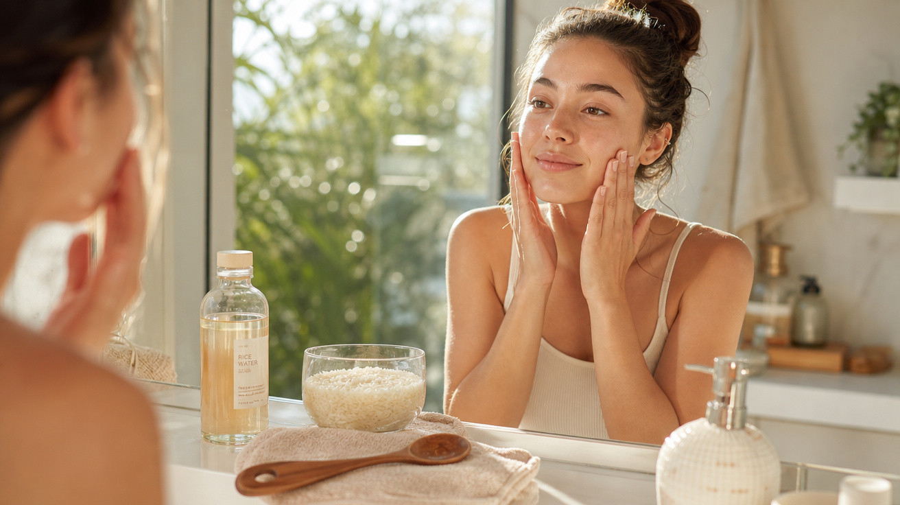 Mulher jovem a cuidar da pele, espelho, frascos de cosméticos, ambiente luminoso e acolhedor.