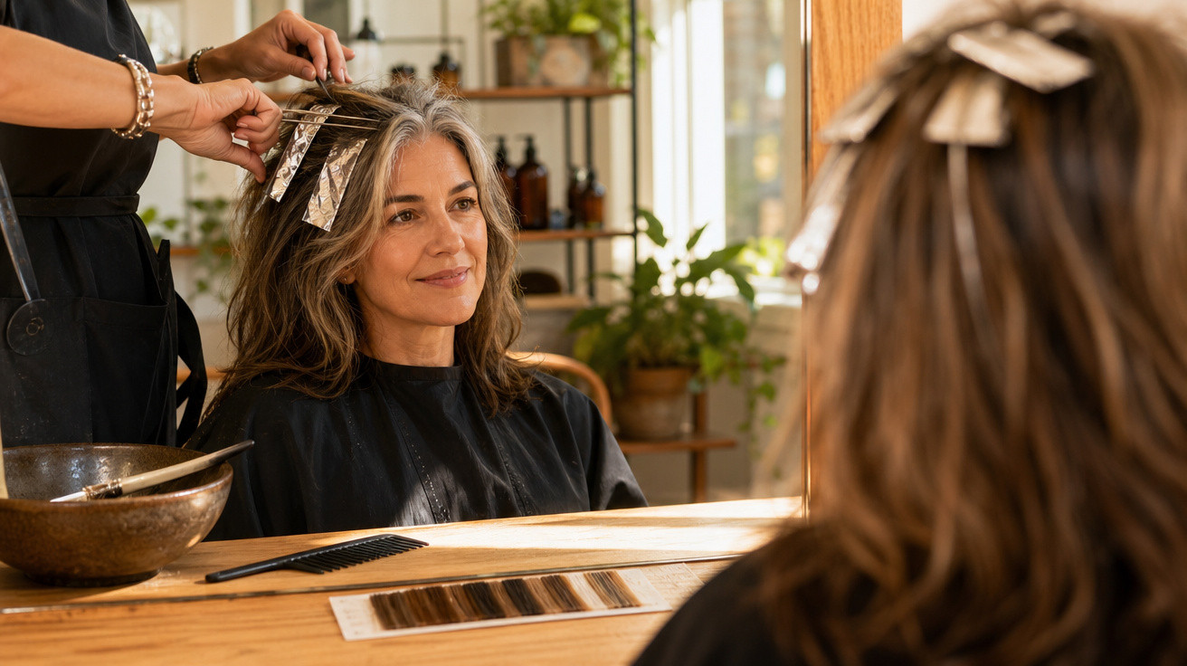 Mulher a fazer madeixas no cabelo num cabeleireiro, sentada à frente de um espelho com amostras de cor.