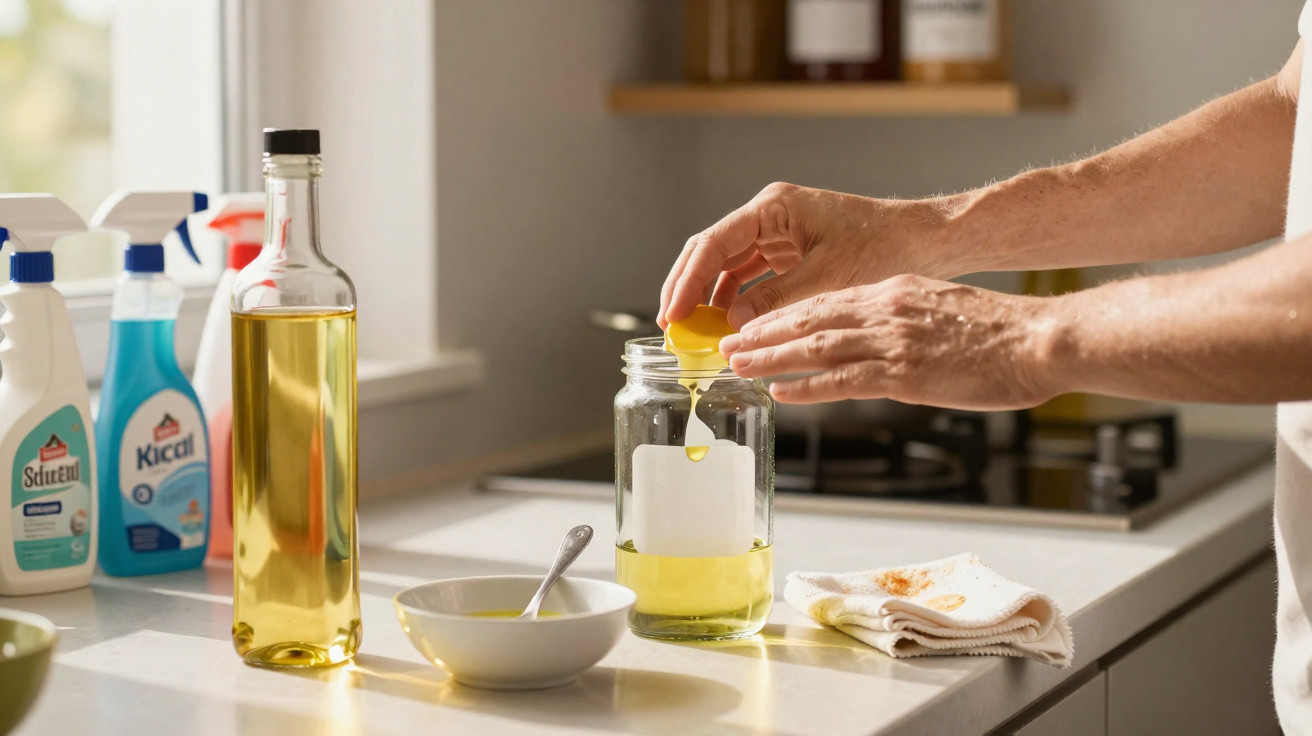 Mãos a espremer limão numa jarra com óleo numa bancada de cozinha com produtos de limpeza ao fundo.