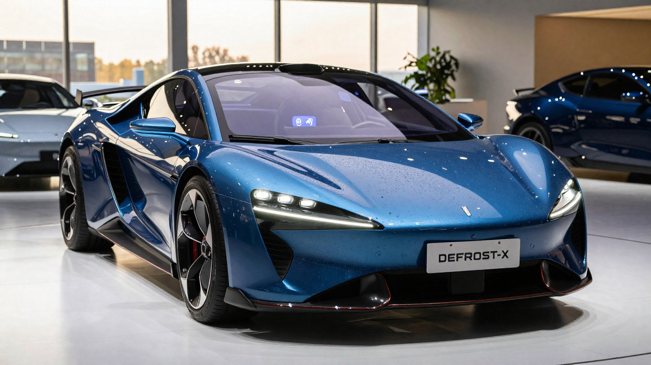 Carro desportivo elétrico azul metálico em exposição num salão moderno com janelas grandes.