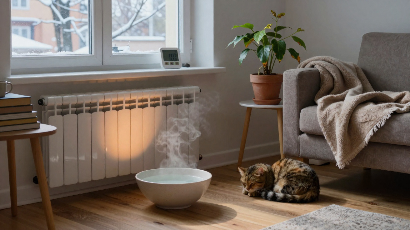 Sala de estar com gato a dormir perto de radiador, vaso com planta e almofada junto ao sofá cinzento.