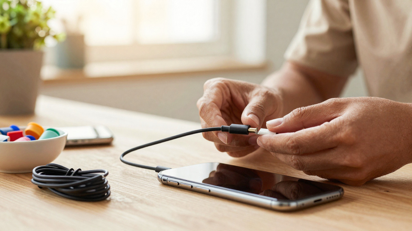 Mãos a ligar um cabo de áudio a um smartphone sobre uma mesa com fones coloridos e telemóvel dobrado.