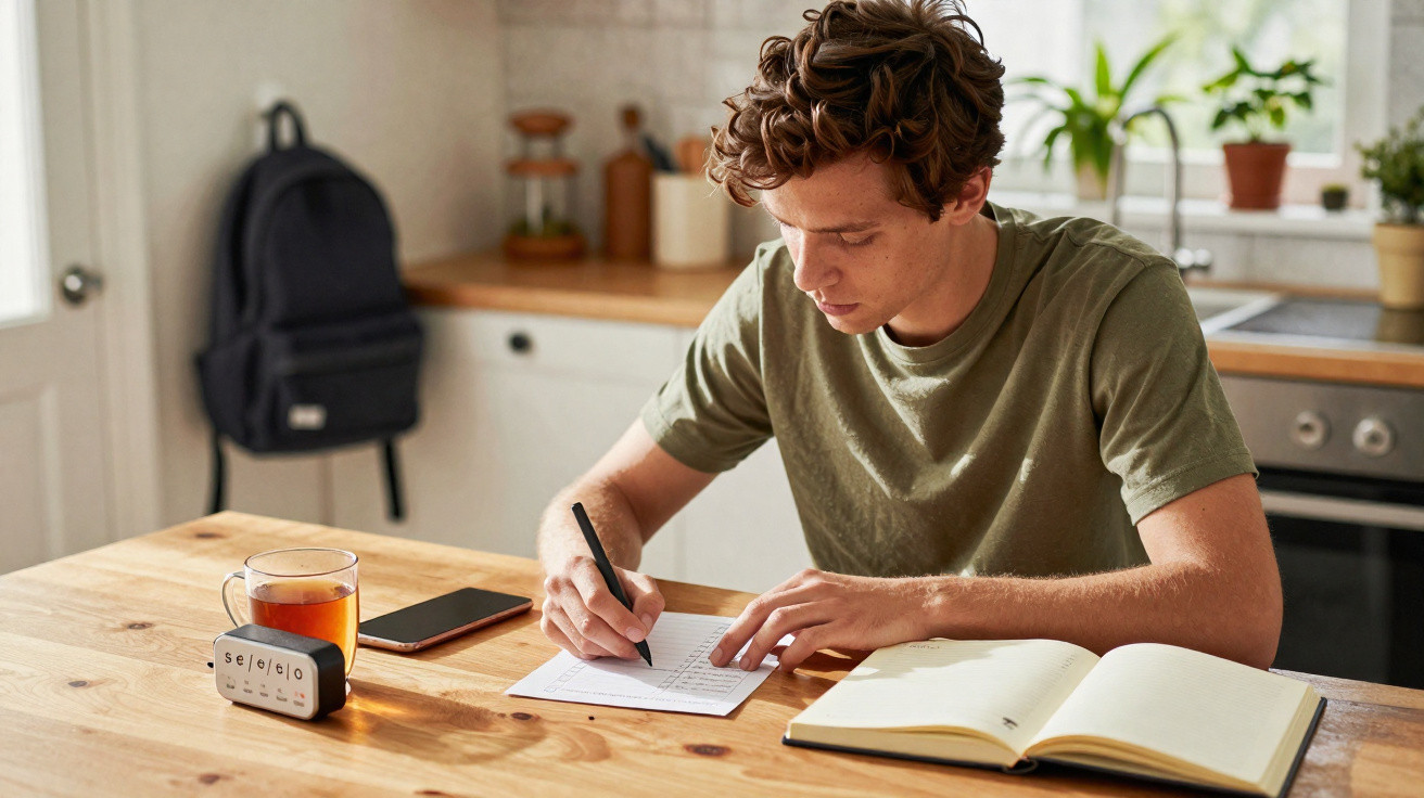 Jovem sentado a escrever numa folha numa cozinha, com livro aberto, chá e telefone sobre a mesa.