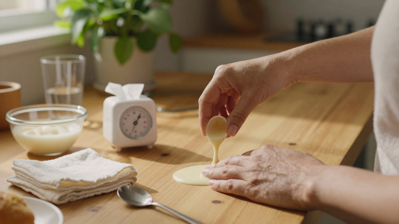 Mãos a despejar uma massa líquida numa mesa de madeira numa cozinha com utensílios ao fundo.