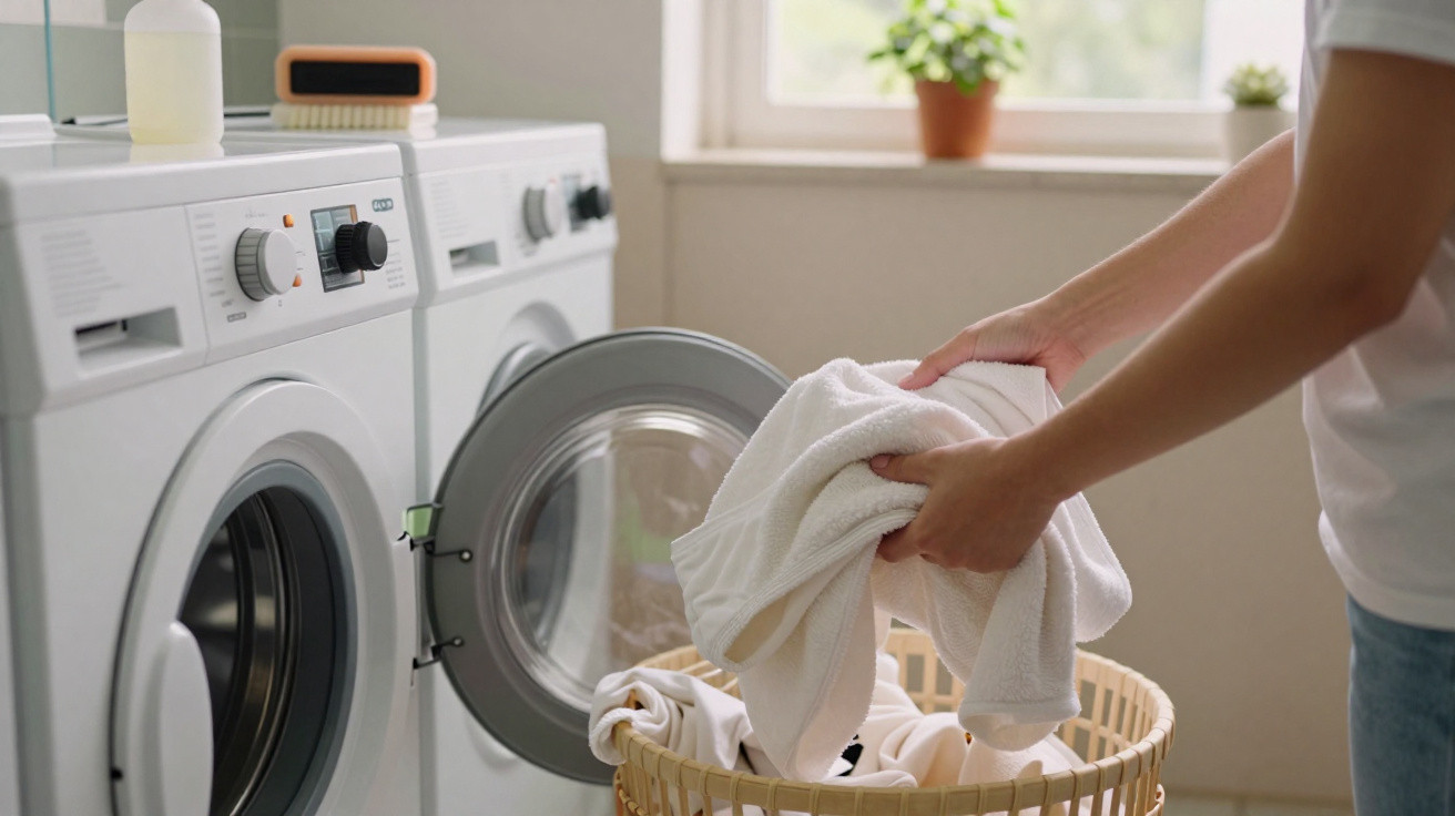 Pessoa a colocar roupa branca na máquina de lavar roupa numa lavandaria com janela e plantas.