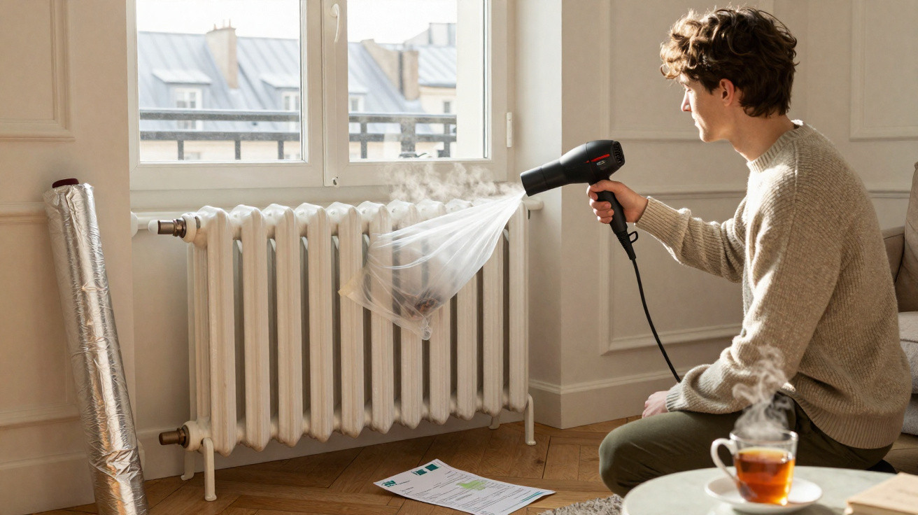 Homem aquece radiador com secador de cabelo numa sala iluminada e moderna com chá fumegante numa mesa.