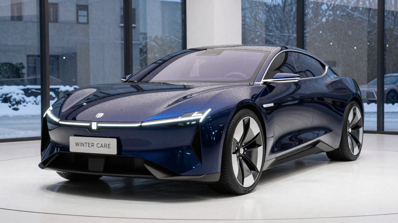 Carro elétrico desportivo azul escuro com design moderno em exposição interior junto a janelas panorâmicas.