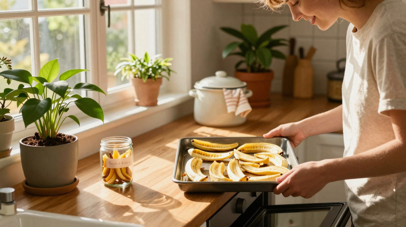 Pessoa a colocar num tabuleiro fatias de banana para torrar num forno numa cozinha iluminada.
