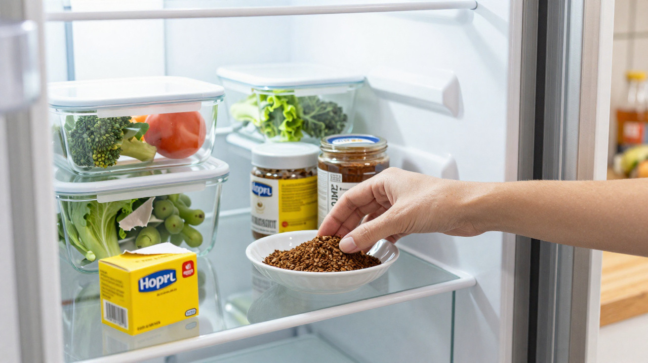 Mão a colocar tigela com sementes dentro do frigorífico com legumes em recipientes e temperos.