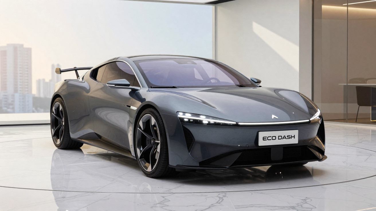Carro desportivo elétrico cinzento Eco Dash estacionado em ambiente moderno com janelas panorâmicas.