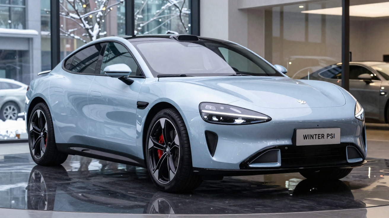 Carro desportivo elétrico cinza azulado estacionado em showroom moderno com jantes pretas e detalhes vermelhos.