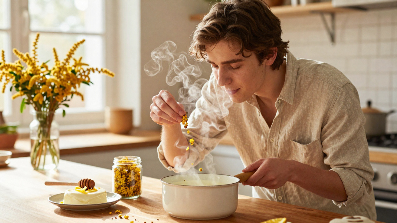 Jovem a cozinhar na cozinha, adicionando ingredientes a uma panela com vapor.
