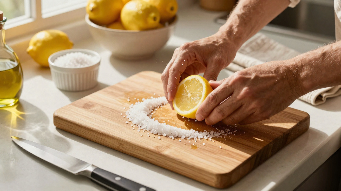 Mãos a espremer meio limão sobre sal grosso numa tábua de cozinha iluminada pela luz natural.