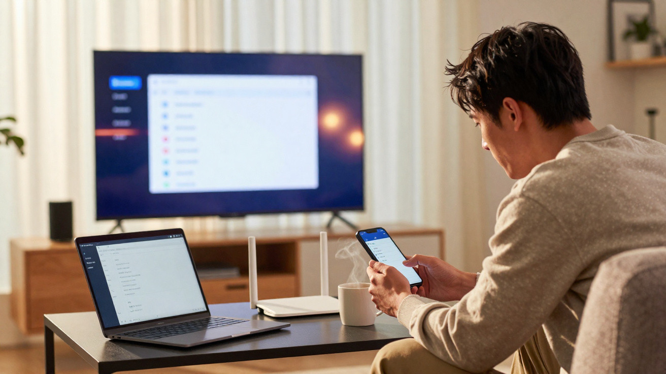 Homem sentado em sala moderna a usar telemóvel, com portátil, router e TV ligados à sua frente.