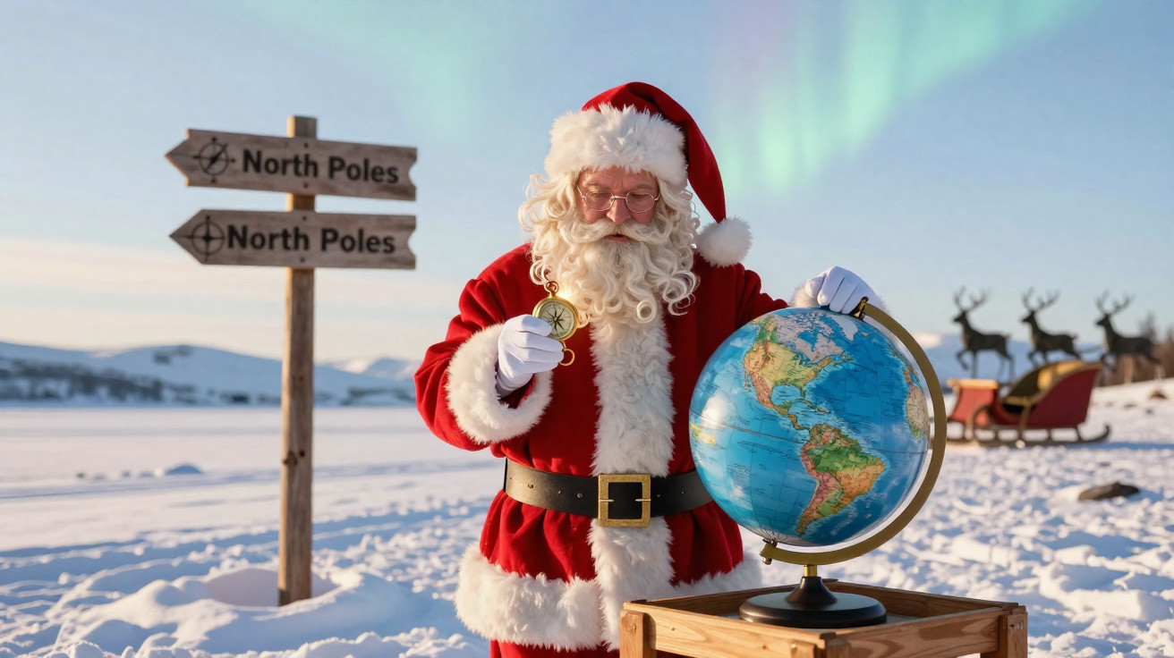 Papai Noel com bússola e globo terrestres na neve, com trenó e renas ao fundo.