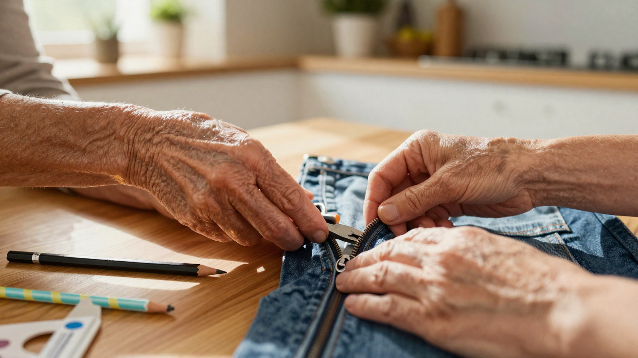 Mãos de idosos a fechar um fecho de uma peça de roupa de ganga sobre a mesa de madeira.