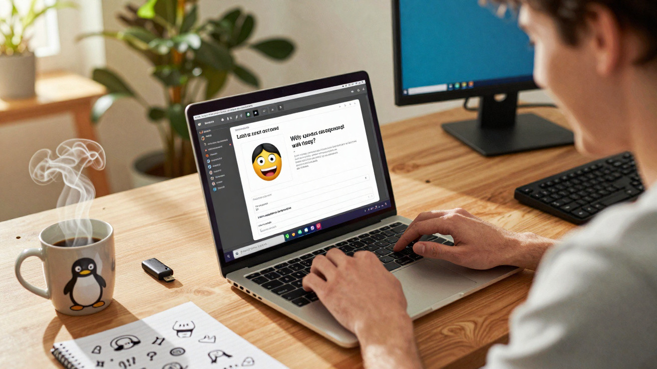 Pessoa a usar laptop com uma mensagem e emoji sorridente, caneca com desenho de pinguim e ambiente de trabalho iluminado.