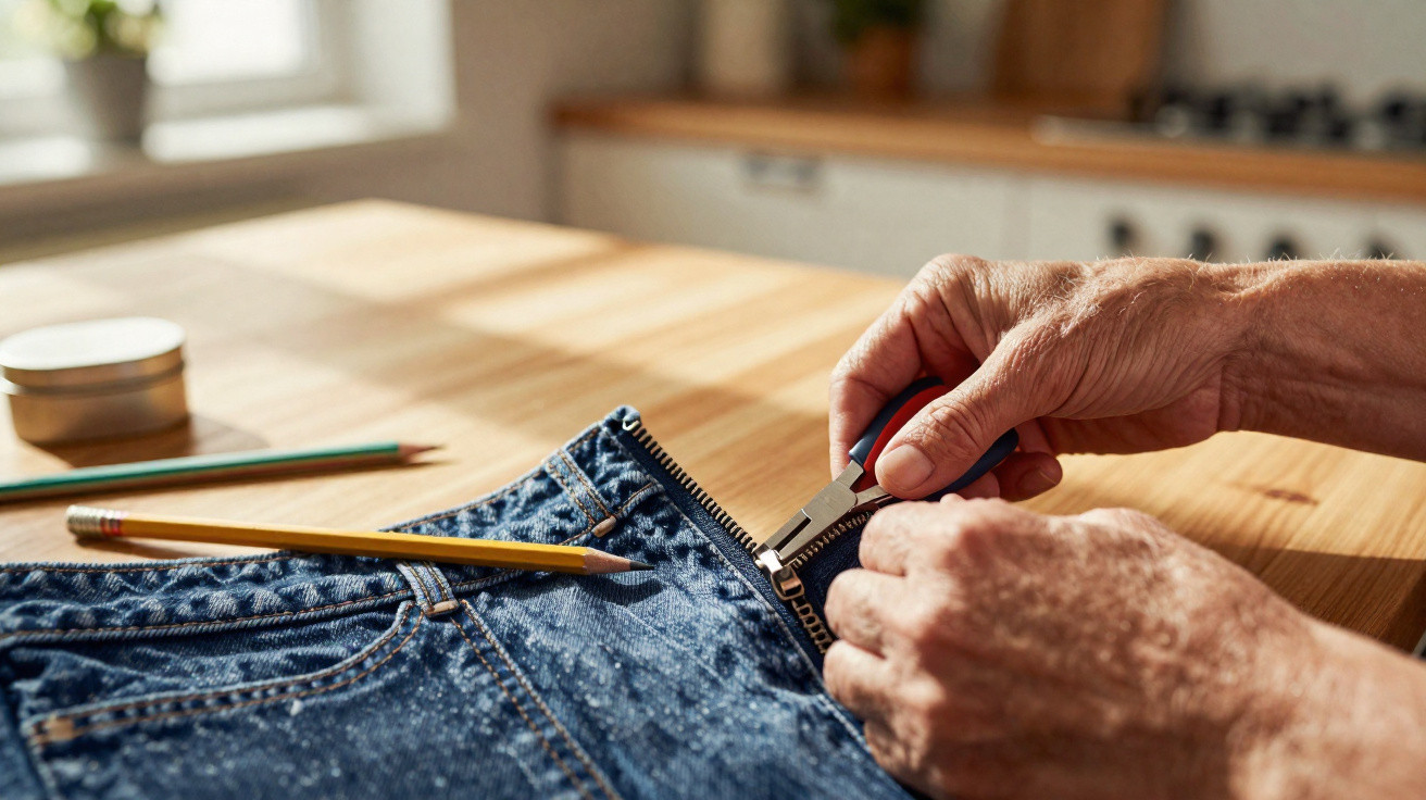 Mãos a reparar ou trocar um fecho éclair num jeans azul sobre uma mesa de madeira.