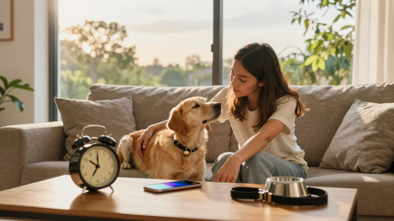 Mulher sentada no sofá a acariciar um cão dourado, com relógio, telemóvel e taça na mesa em frente.